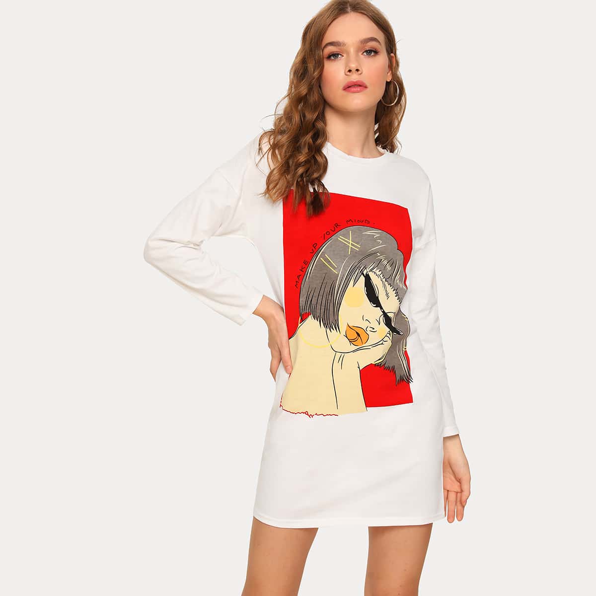 

Figure Graphic Long Sleeve Tee Dress, White