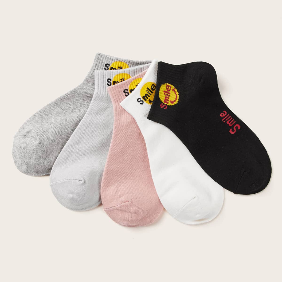 

5pair Smile Print Ankle Socks, Multicolor