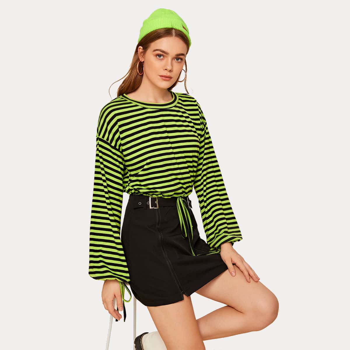 

Striped Drawstring Hem Crop Tee, Green