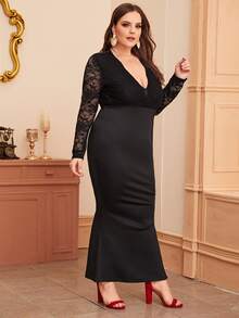 Plus Lace Panel Plunge Split Mermaid Dress - Black - View 4