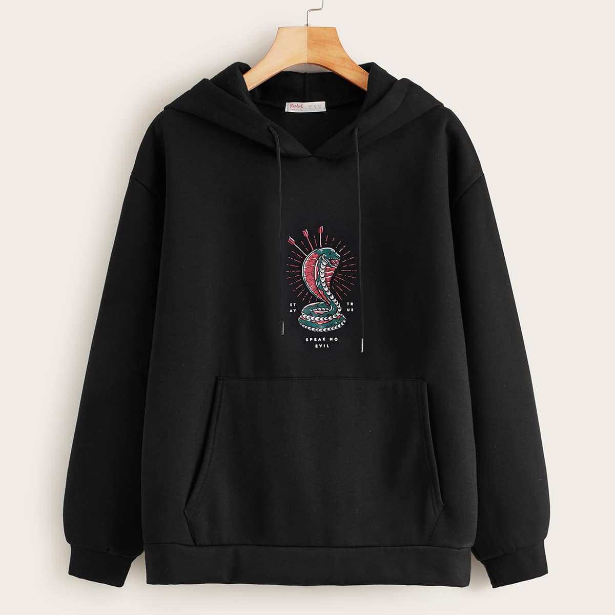 

Snake Print Drawstring Hoodie, Black