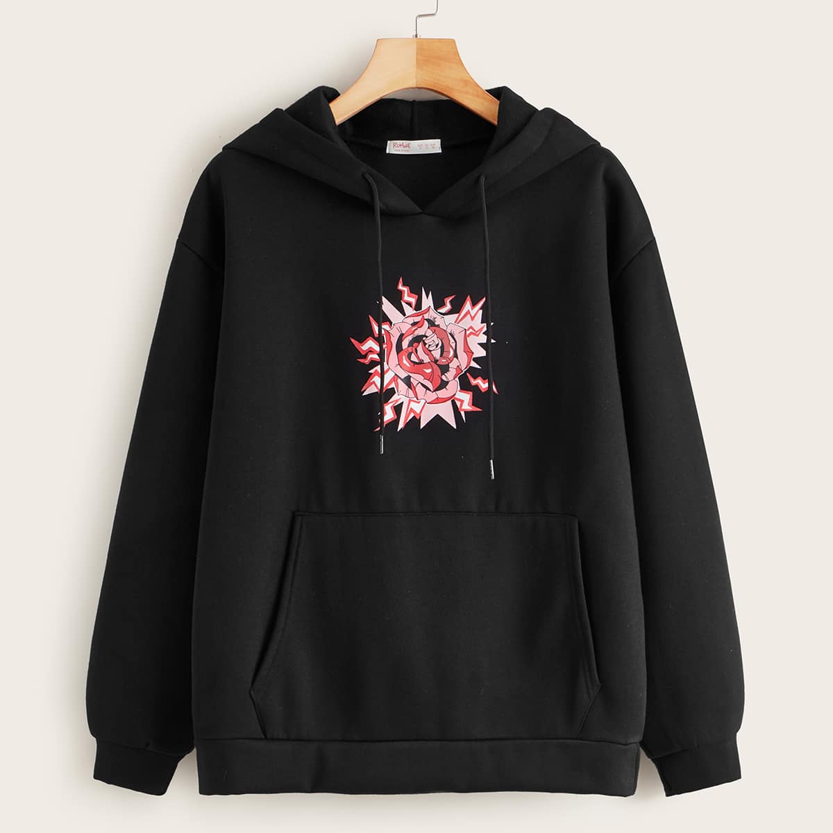 

Floral Print Drawstring Hoodie, Black