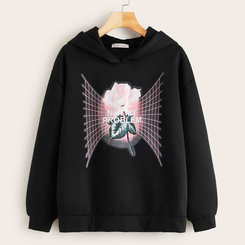 

Floral & Letter Graphic Drawstring Hoodie, Black