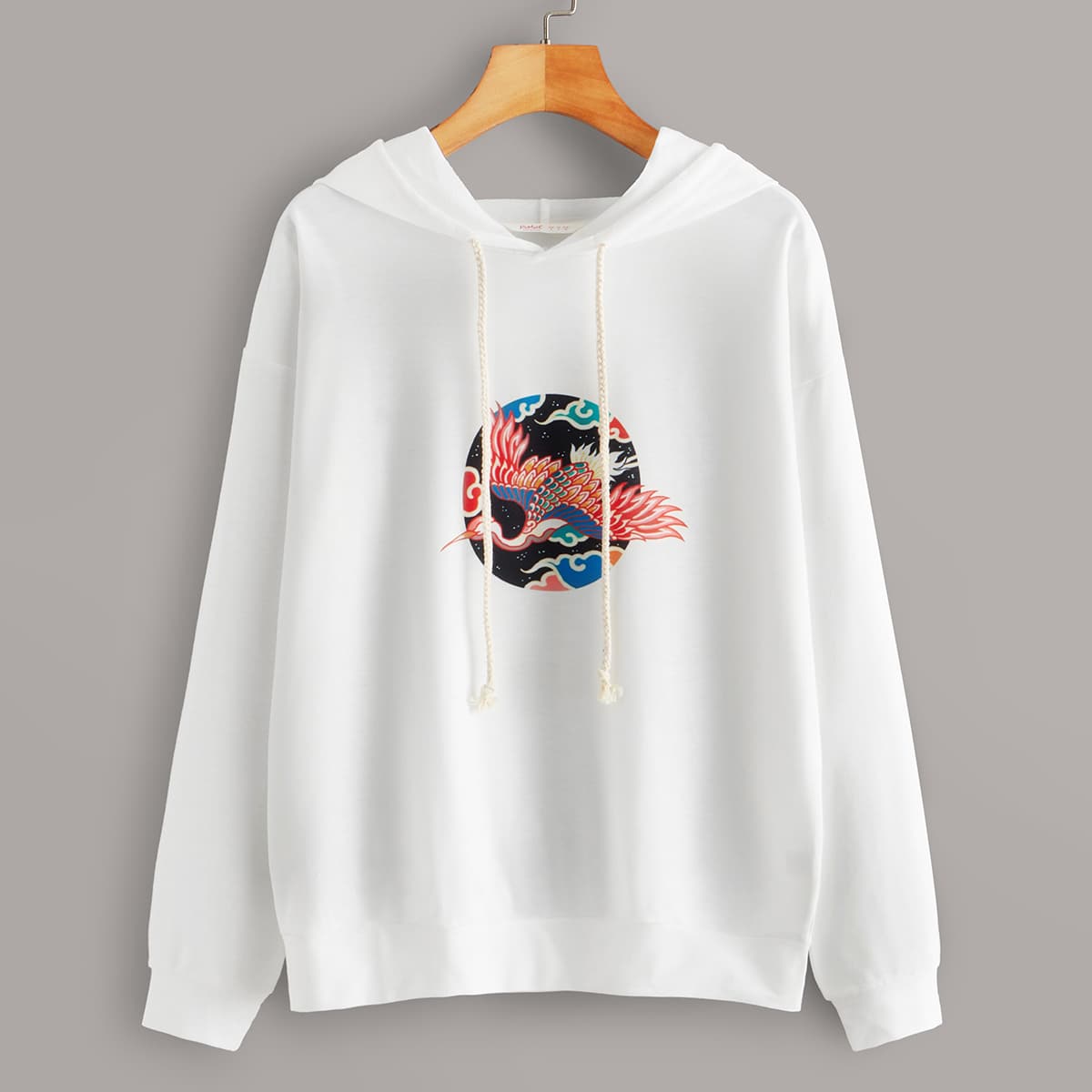 

Crane Print Drawstring Hoodie, White