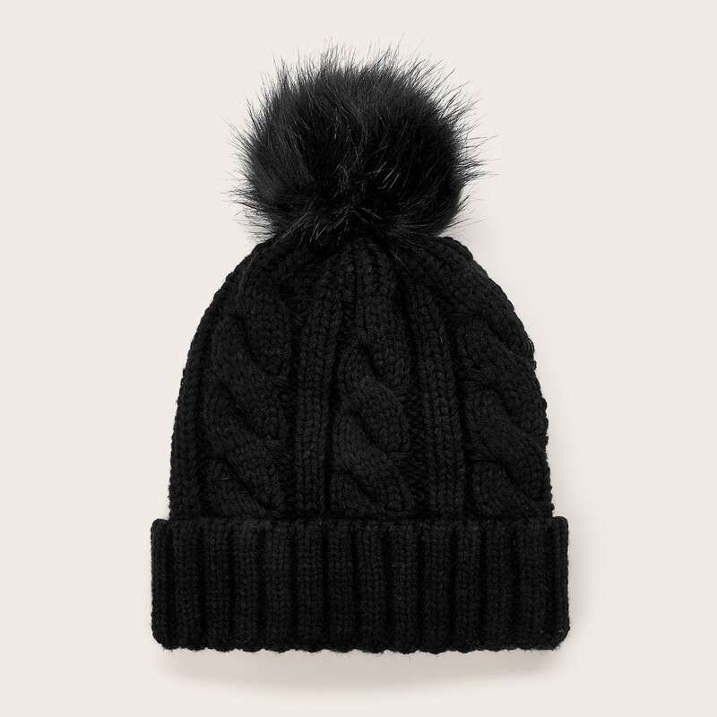 

Pom Pom Decor Knit Beanie, Black