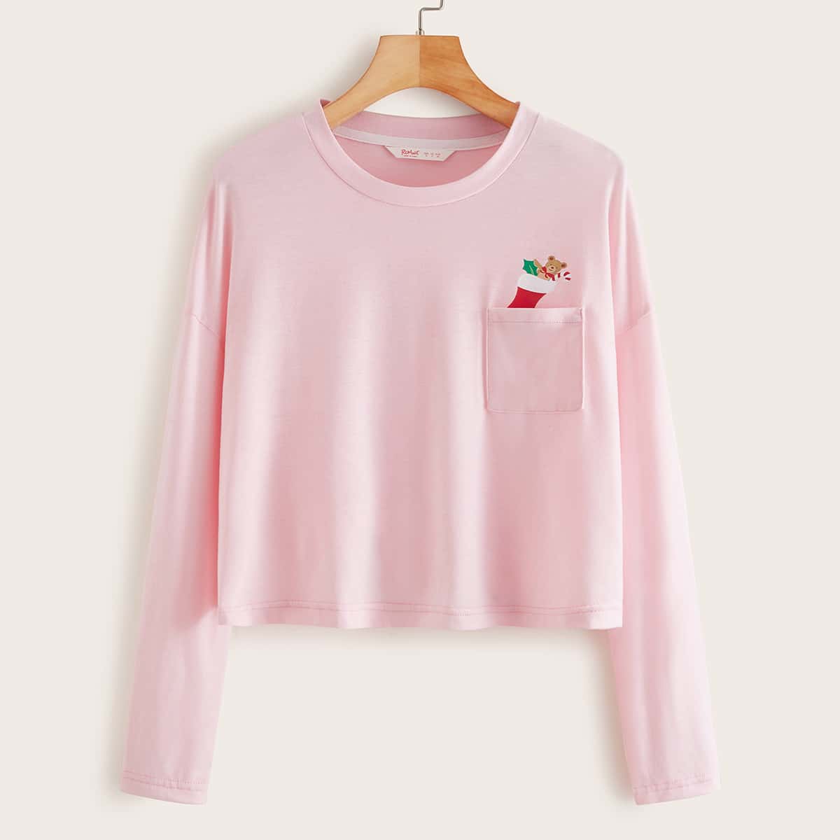

Christmas Print Pocket Front Tee, Pink