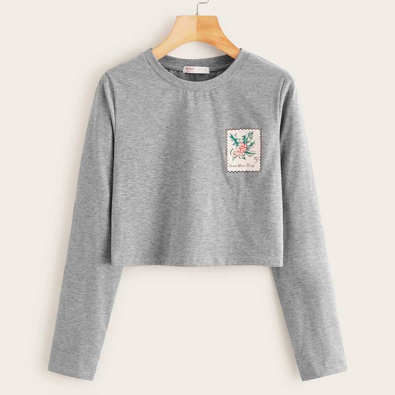 

Stamp Print Long Sleeve Crop Tee, Grey