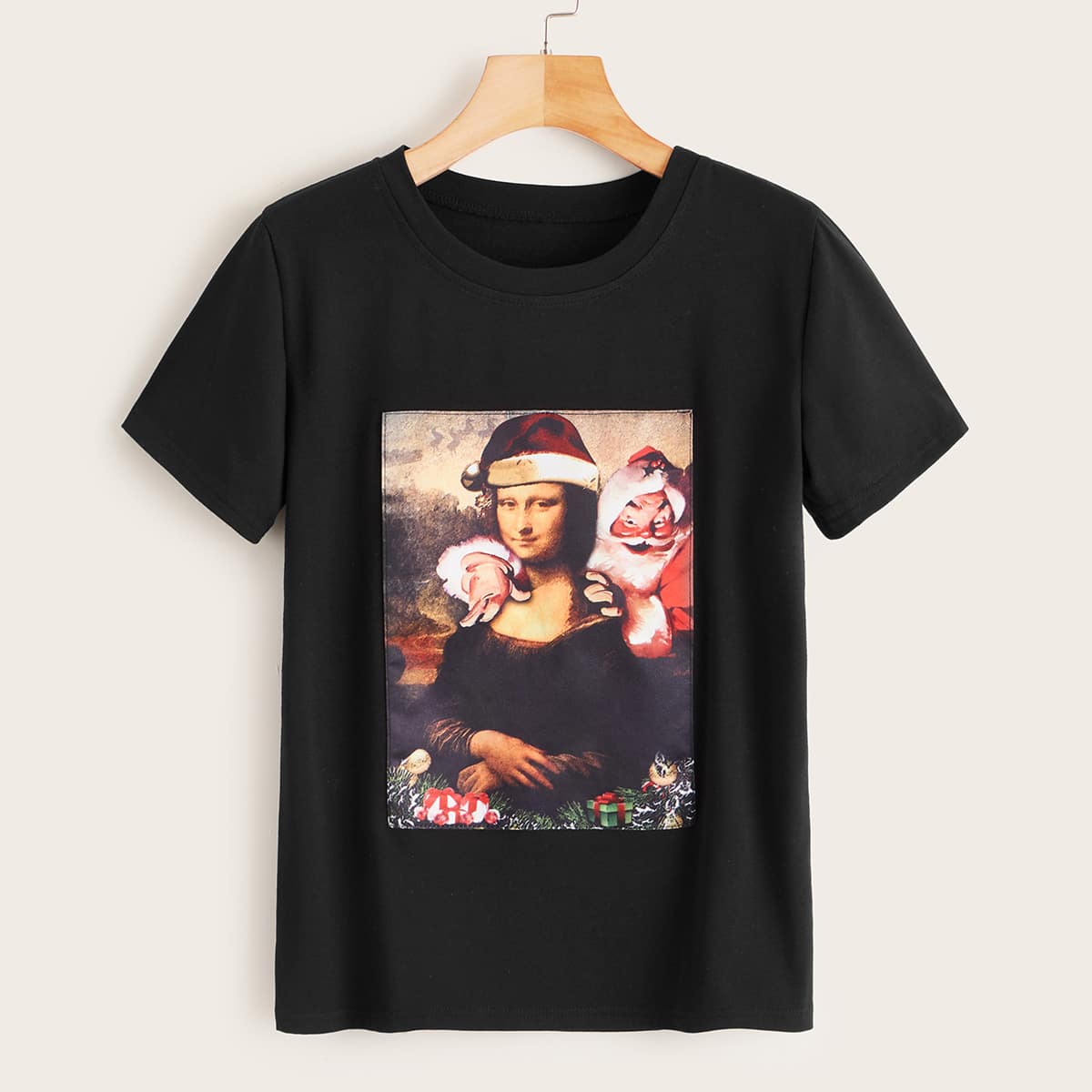 

Christmas & Figure Graphic Short Sleeve Tee, Black