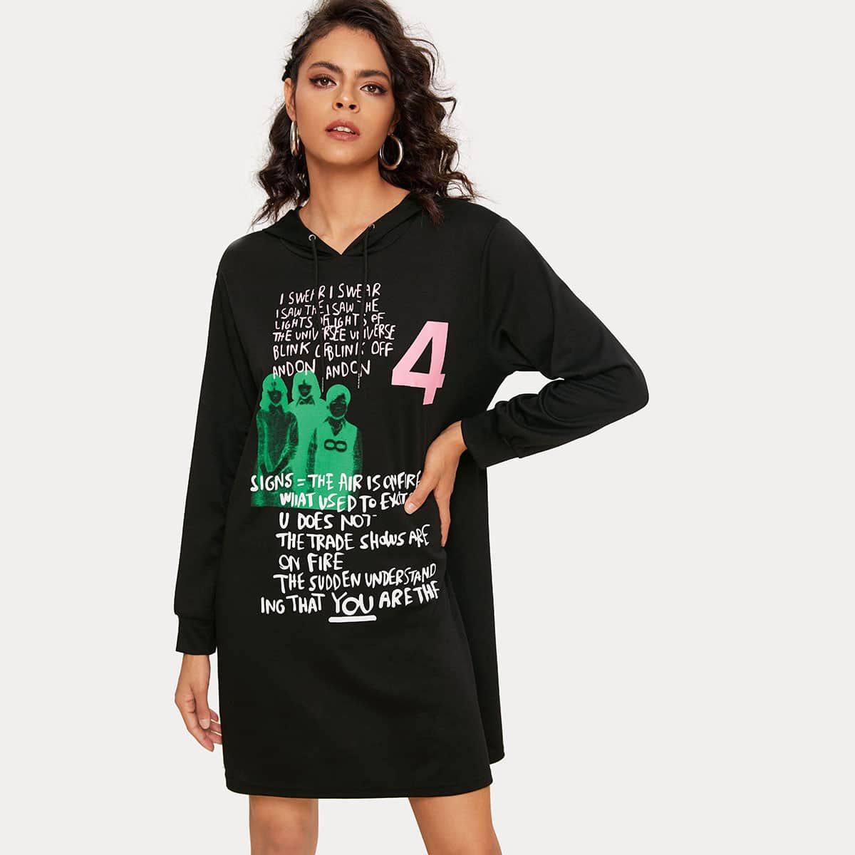 

Slogan & Figure Graphic Drawstring Sweatshirt Dress, Black