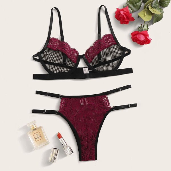 

Contrast Lace Sheer Mesh Underwire Lingerie Set, Multicolor