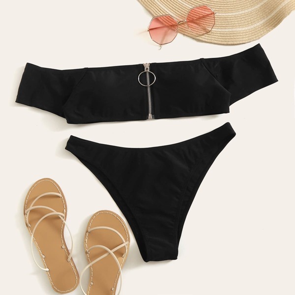 

Zipper Front Bardot With High Cut Bikini Set, Black