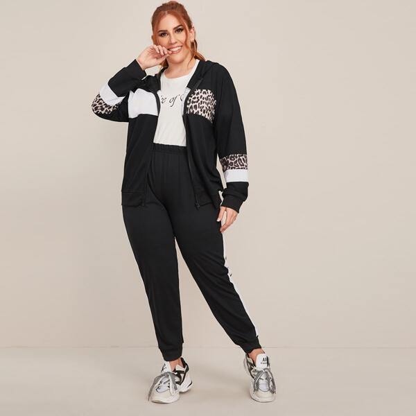 

Plus Leopard Panel Zip Up Hoodie With Joggers, Black