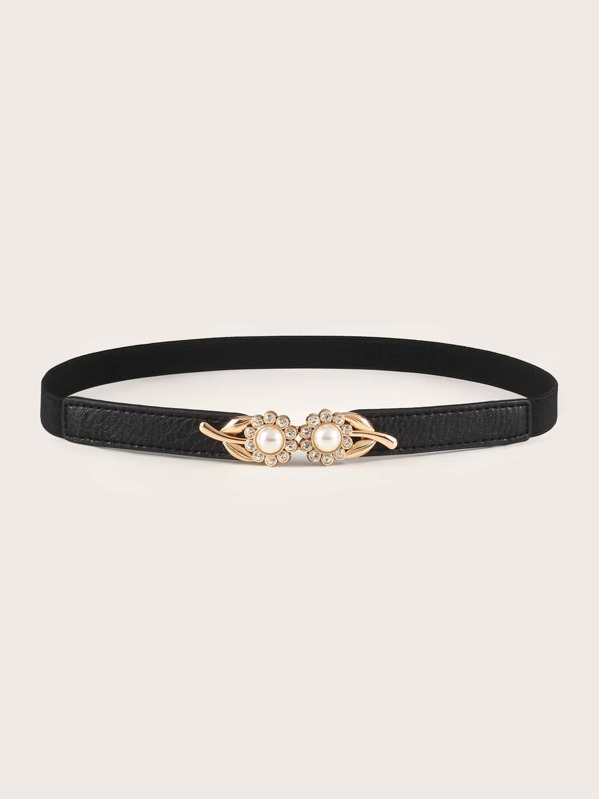 

Rhinestone Engraved Flower Buckle Belt, Black