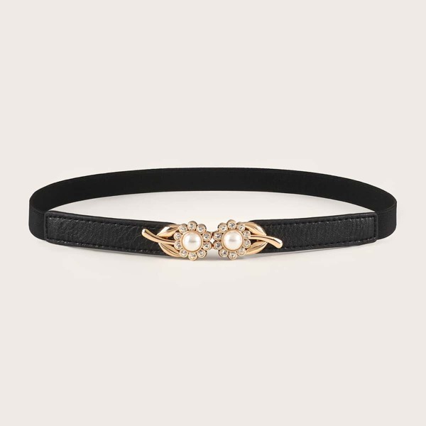 

Rhinestone Engraved Flower Buckle Belt, Black