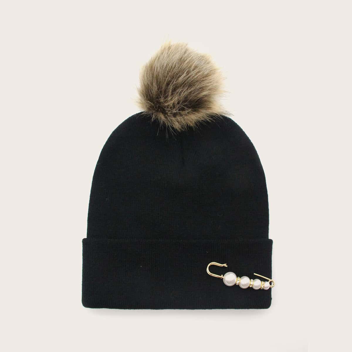 

Faux Pearl Decor Knit Beanie, Black