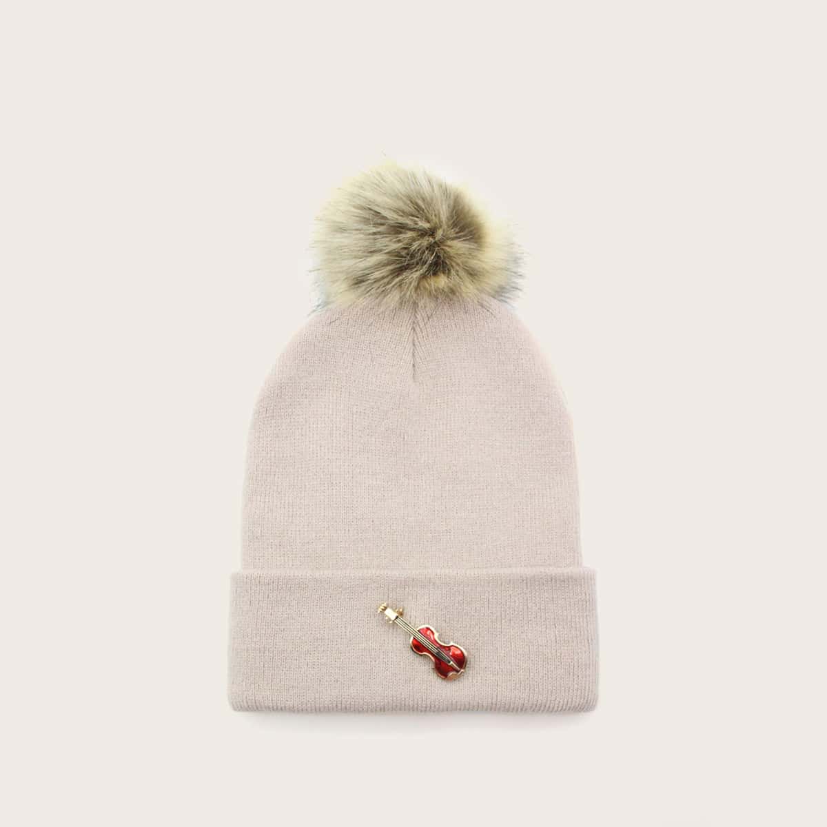 

Violin Decor Knit Beanie, Apricot