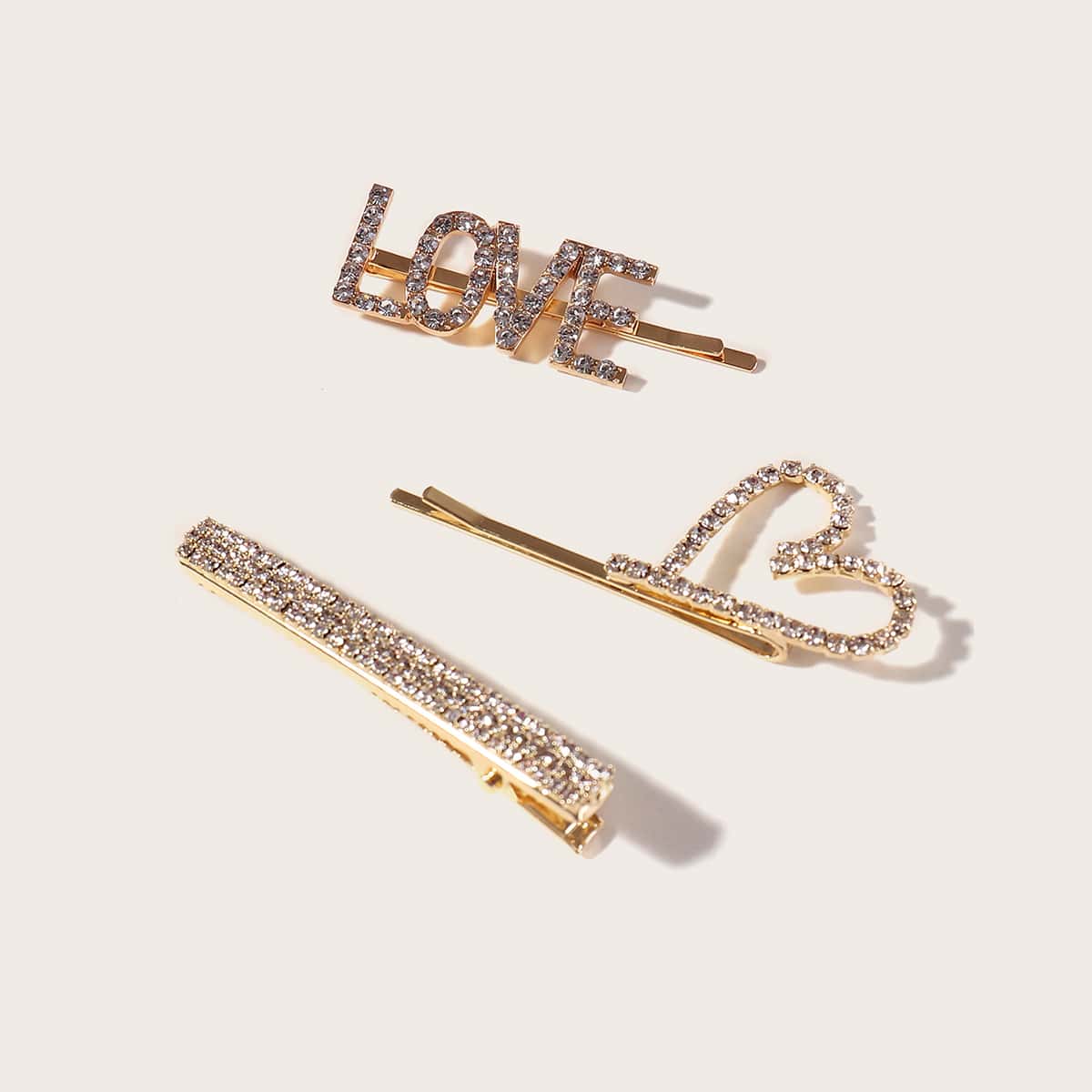 

3pcs Rhinestone Engraved Heart & Letter Shaped Hair Clips, Gold