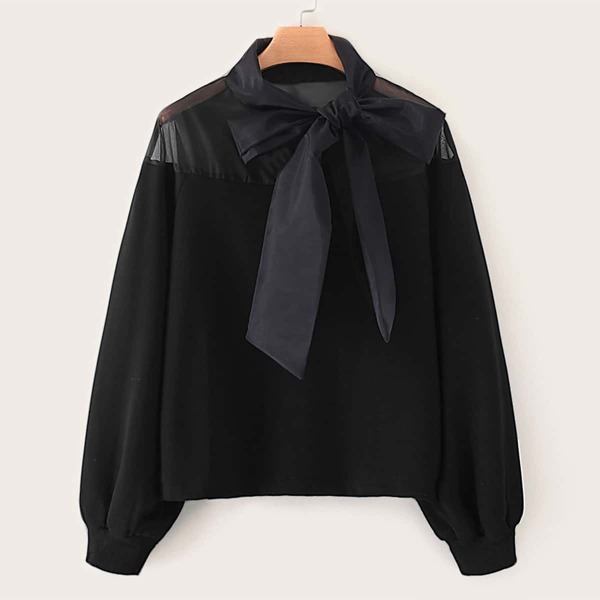 

Sheer Panel Tie Neck Solid Blouse, Black