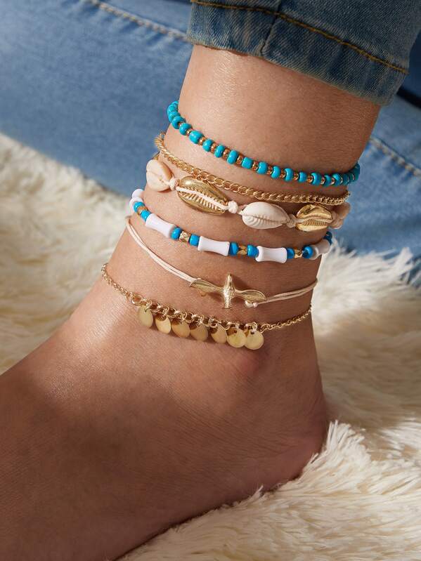 

6pcs Shell & Bird Decor Beaded Anklet, Multicolor