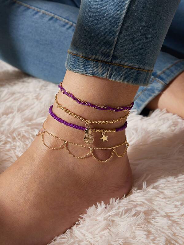

4pcs Pineapple & Star Charm Beaded Anklet, Multicolor