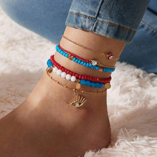 

6pcs Rhinestone Decor Beaded Anklet, Multicolor