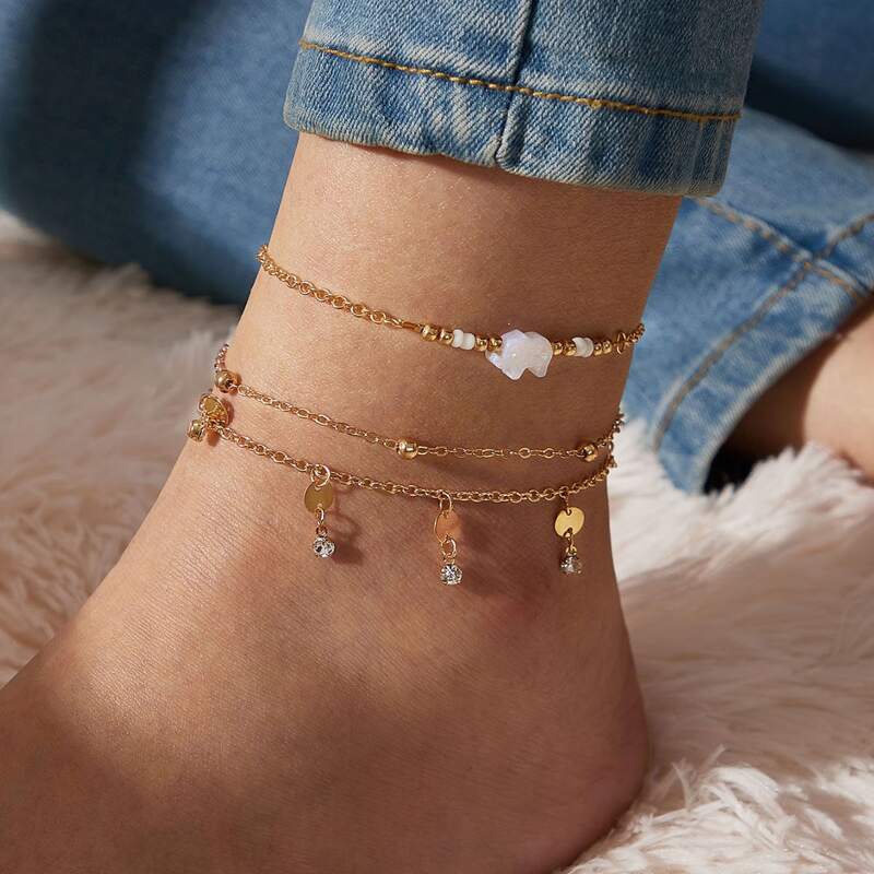 

3pcs Rhinestone Decor Anklet, Gold