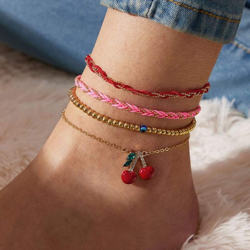 

4pcs Eye & Cherry Decor Anklet, Multicolor
