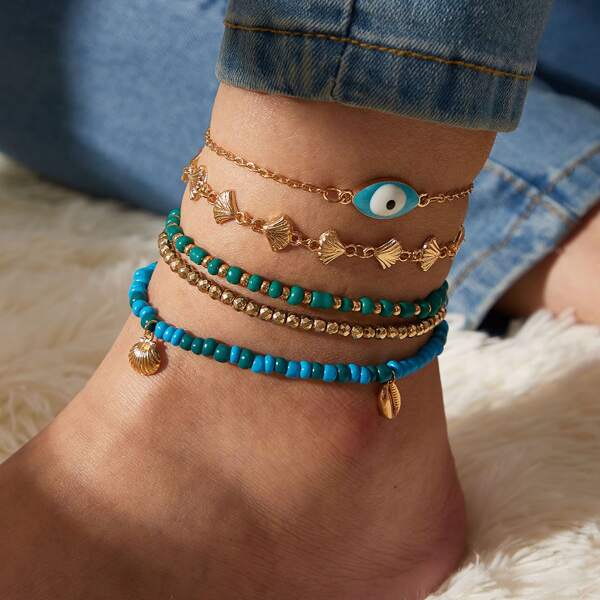 

5pcs Eye & Shell Decor Anklet, Multicolor