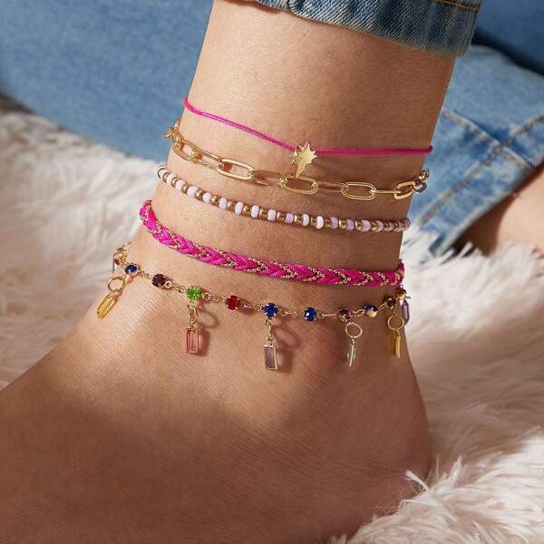 

5pcs Rhinestone & Star Decor Anklet, Multicolor