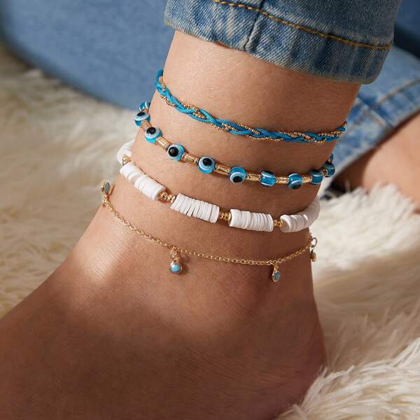 

4pcs Eye Decor Beaded Anklet, Multicolor