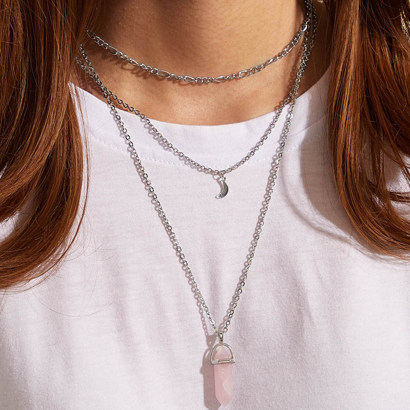 

1pc Crystal Stone & Moon Charm Layered Necklace, Silver