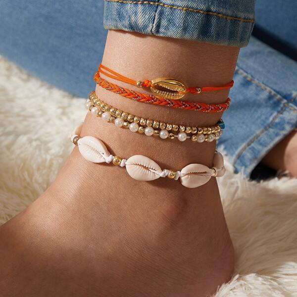 

5pcs Shell Charm Anklet Set, Multicolor