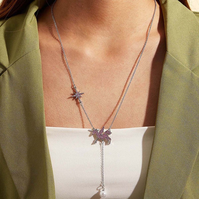 

1pc Unicorn & Faux Pearl Pendant Necklace, Pink