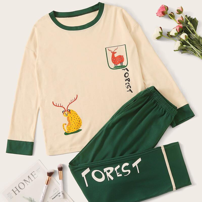 

Cartoon & Letter Graphic PJ Set, Multicolor