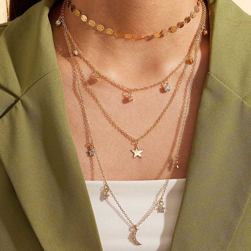 

1pc Rhinestone Engraved Moon & Star Charm Layered Necklace, Gold