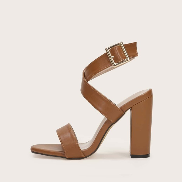 

Cross Buckle Strap Chunky Heels, Brown