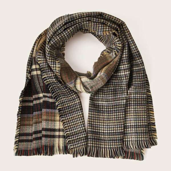 

1pc Plaid Raw Hem Scarf, Multicolor