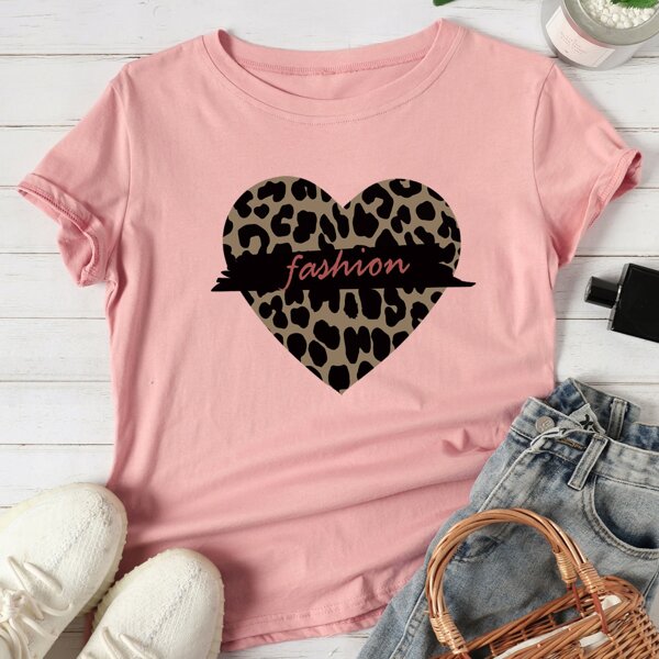 

Leopard Heart & Letter Graphic Tee, Baby pink