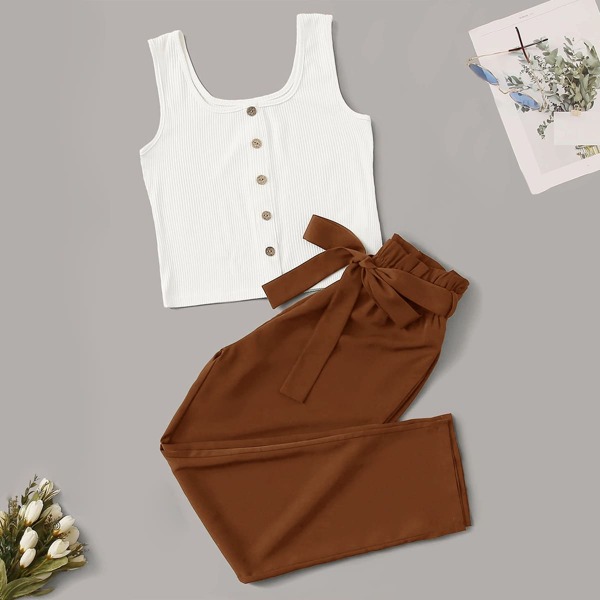 

Button Front Tank Top & Belted Pants Set, Multicolor
