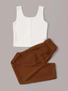 Button Front Tank Top & Belted Trousers Set - Multicolor - View 2