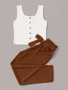 Button Front Tank Top & Belted Trousers Set - Multicolor - View 3