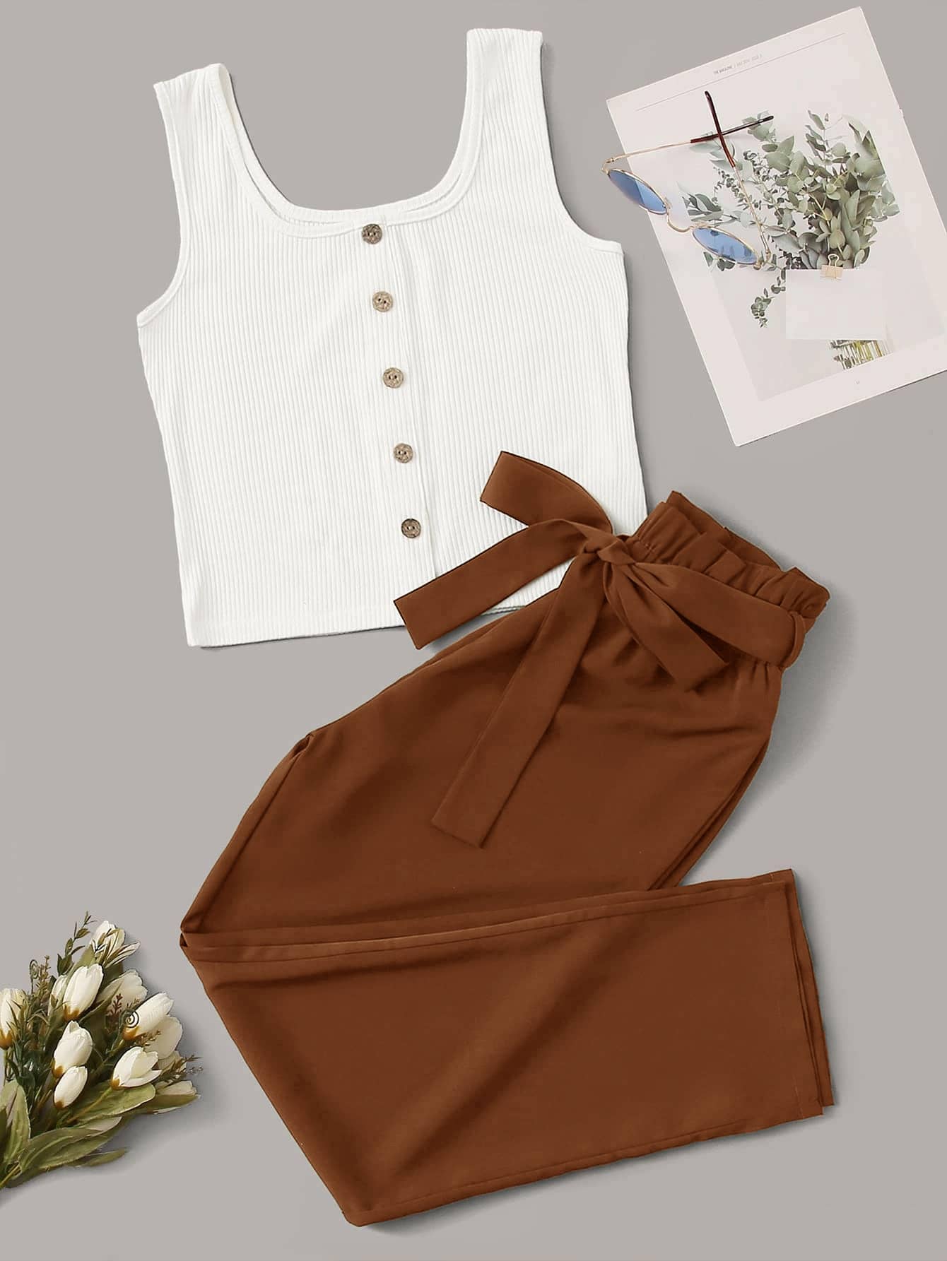 Button Front Tank Top & Belted Trousers Set - Multicolor - View 1