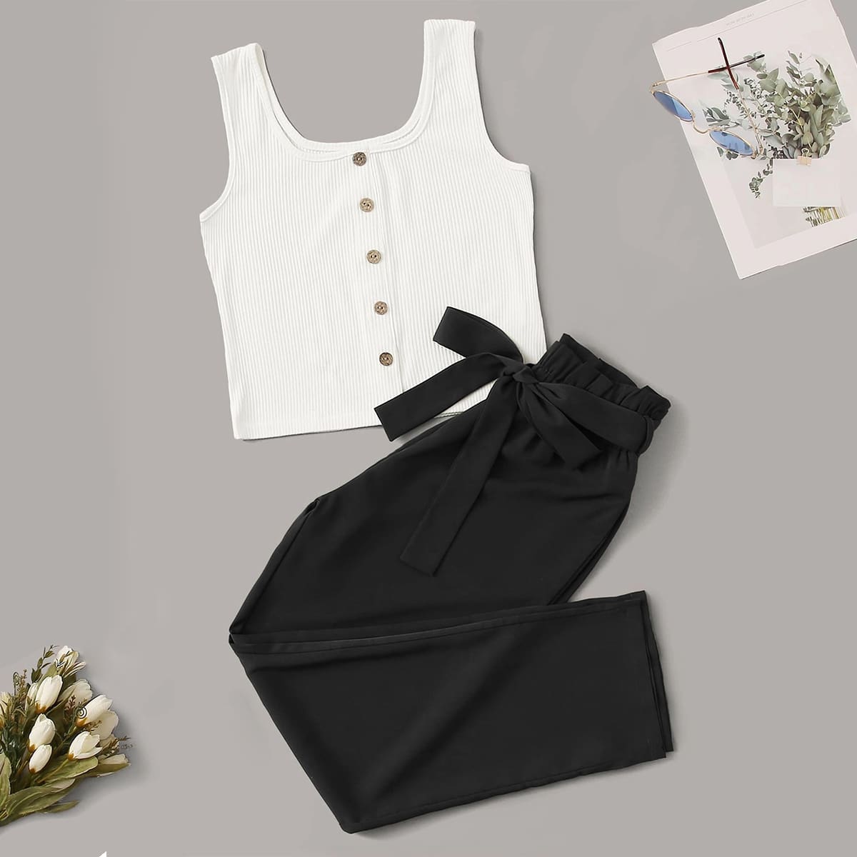 

Button Front Tank Top & Belted Pants Set, Black and white