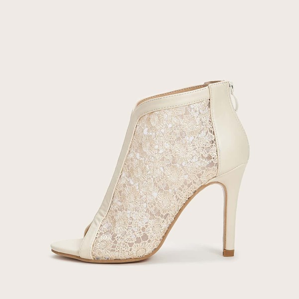 

Peep Toe Floral Embroidered Stiletto Heels, Beige