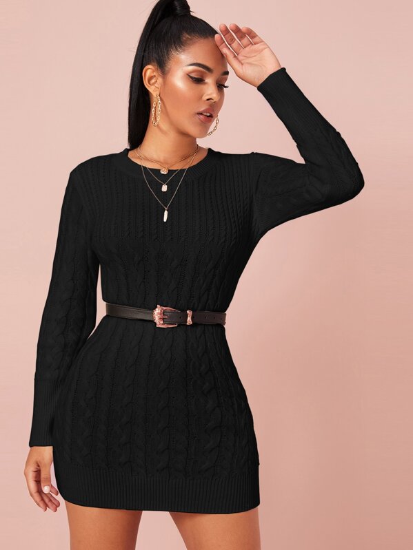 

Solid Cable Knit Bodycon Sweater Dress Without Belt, Black, Tina