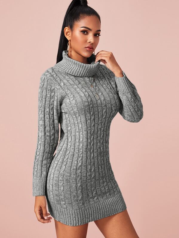 

Turtleneck Cable Knit Bodycon Sweater Dress, Grey, Tina