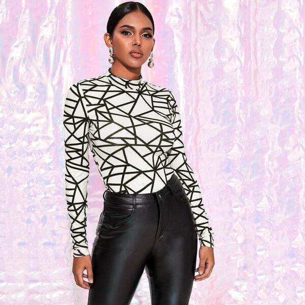 

Mock-neck Geo Slim Tee, Black and white
