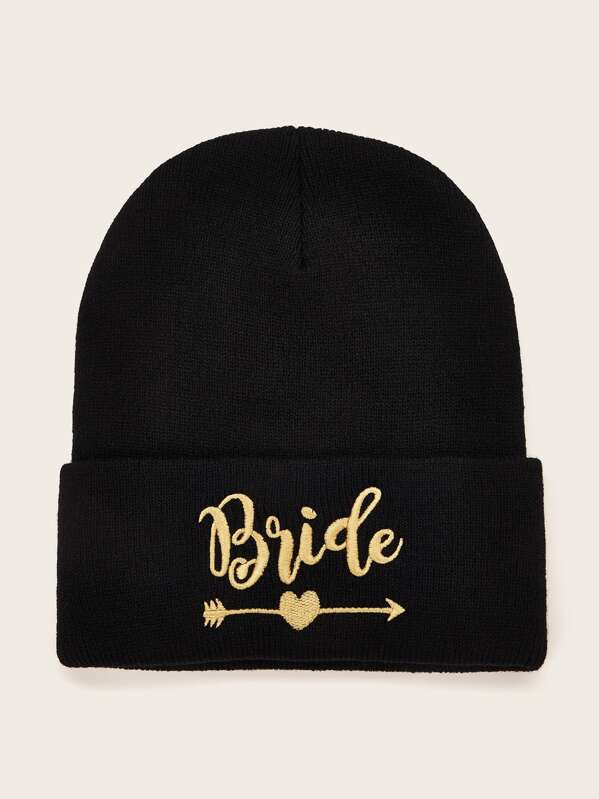 

Bride & Heart Pattern Knit Beanie, Black