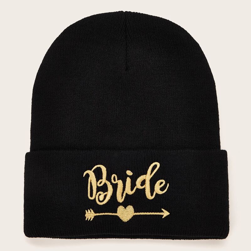 

Bride & Heart Pattern Knit Beanie, Black