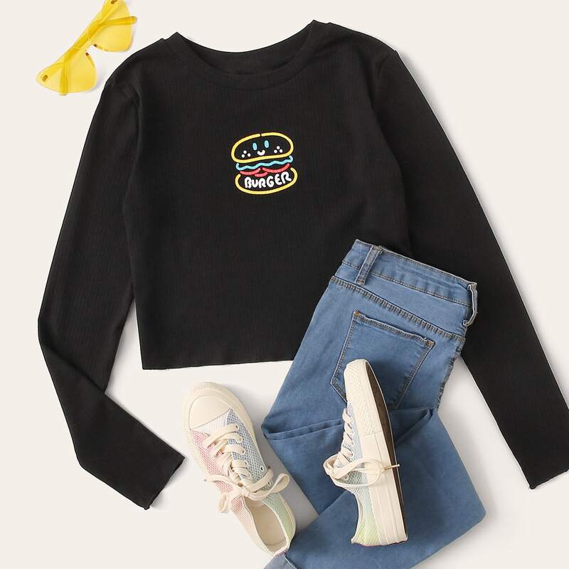 

Cartoon Print Rib-knit Tee, Black